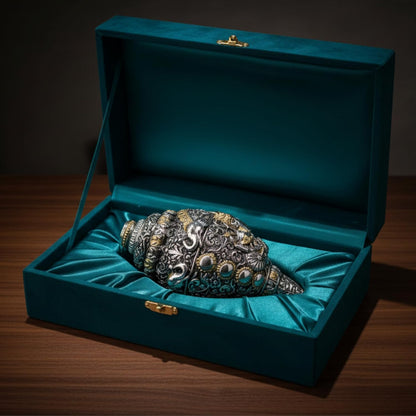 Dev Aastha 999 Pure Silver Plated & 24K Gold Plated Ganesh Shankh | Sacred 5.2 Inch Dual-Tone Conch Shell | Vastu Showpiece for Success & Wealth | Auspicious Pooja Gift.