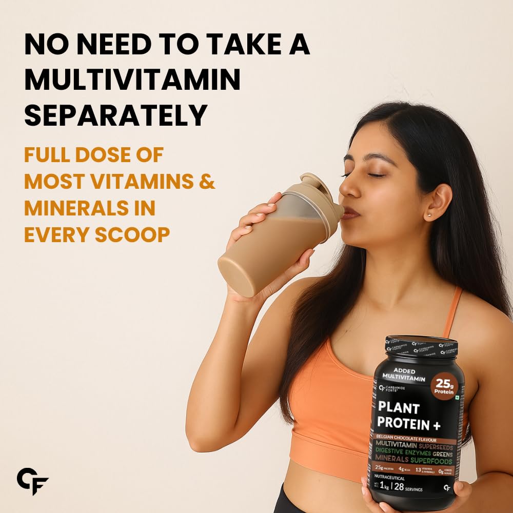 Woman drinking from a protein shake with a supplement bottle labeled 'Plant Protein+' on a beige background.