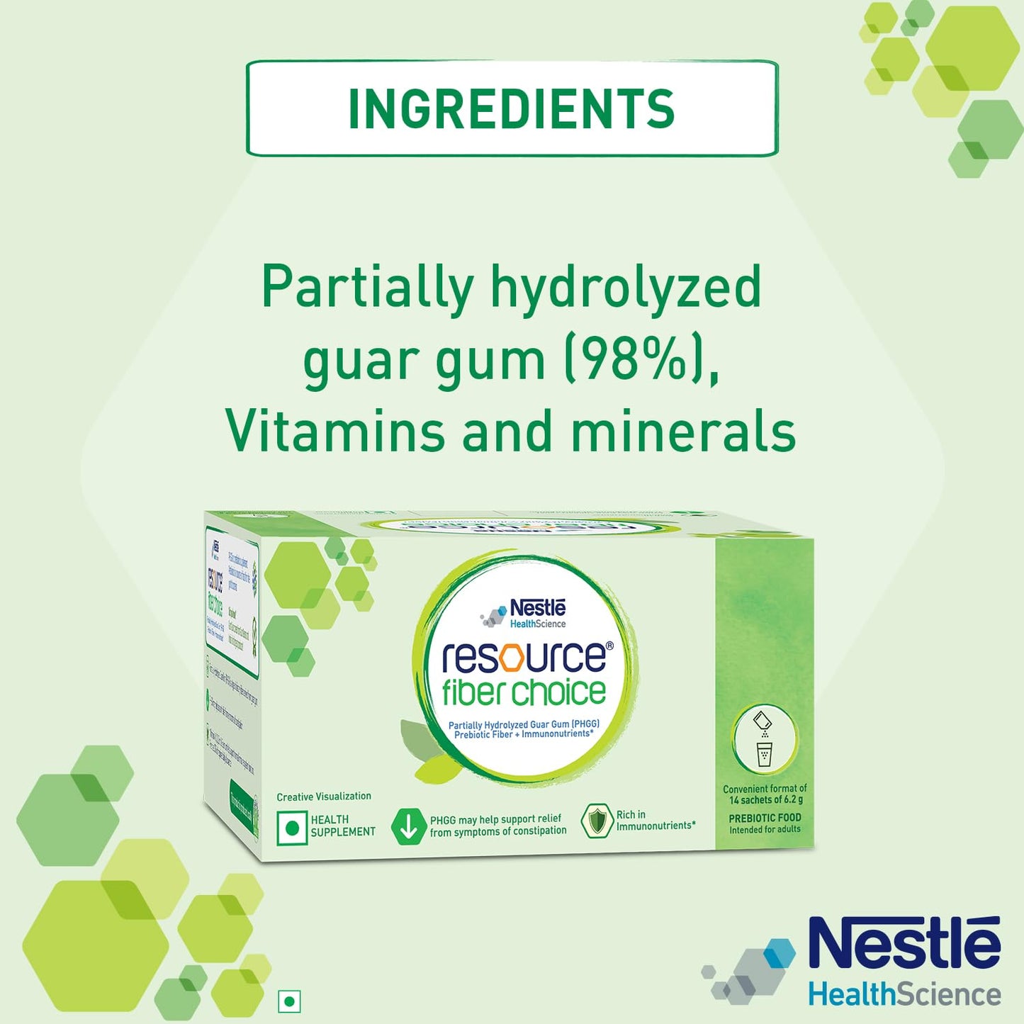 Nestle Resource Fiber Choice packaging with ingredients listed on a light green background