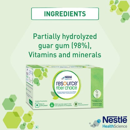 Nestle Resource Fiber Choice packaging with ingredients listed on a light green background