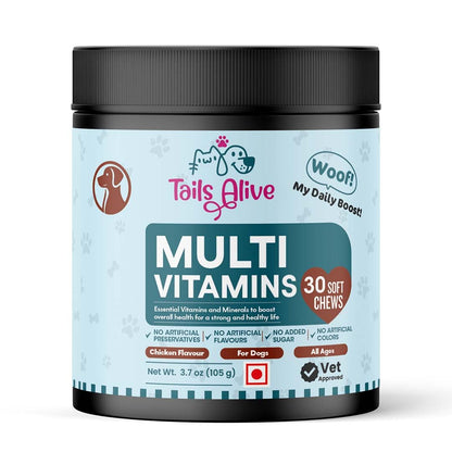 TailsAlive 15-in-1 Multivitamin Soft Chew Supplements for Dogs | Daily Vitamins & Minerals for Immunity, Energy & Growth | Cold-Pressed, Vet Approved | Chicken Flavour | For All Breeds - 30 Soft Chews