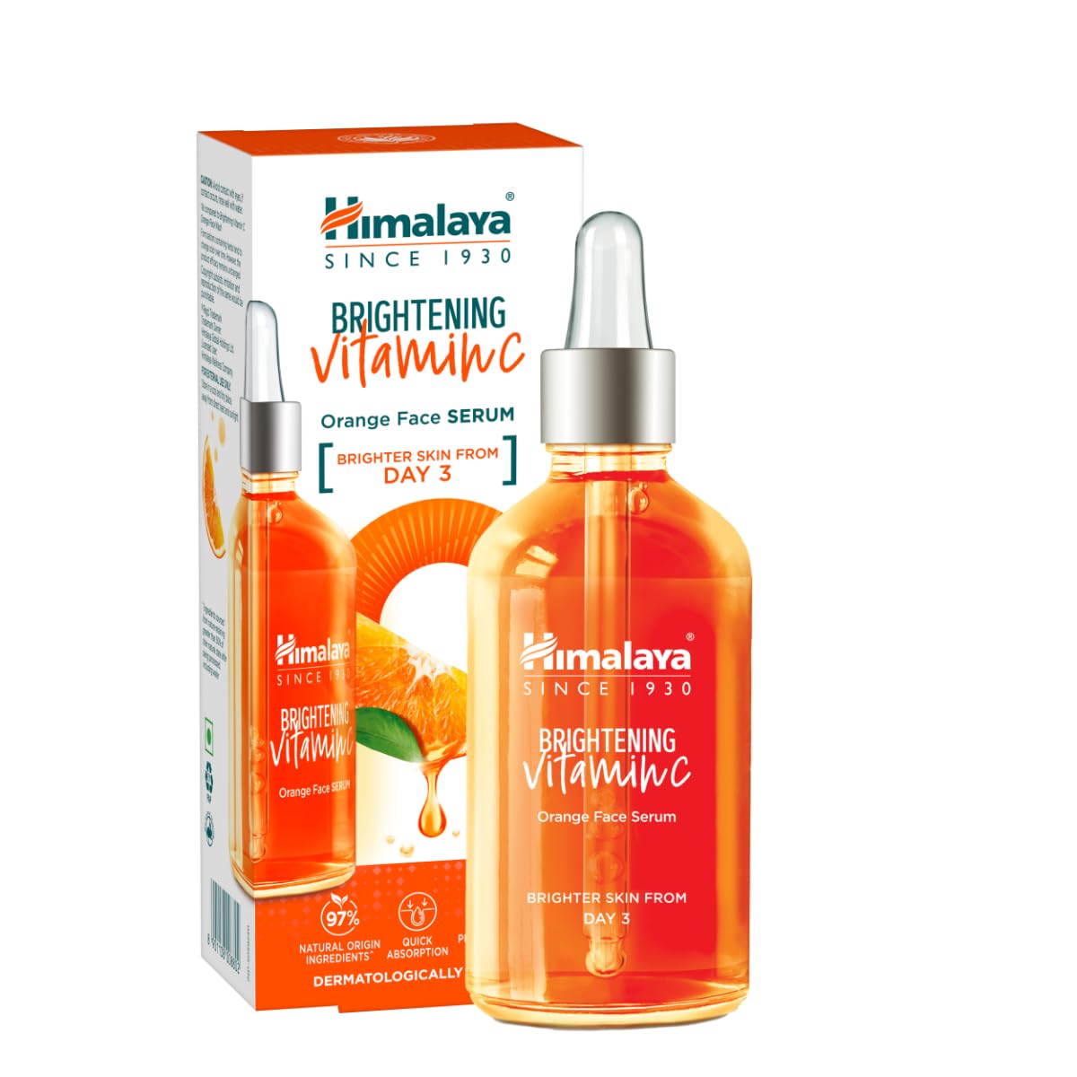Himalaya Brightening Vitamin C Orange Face Serum with packaging on a white background