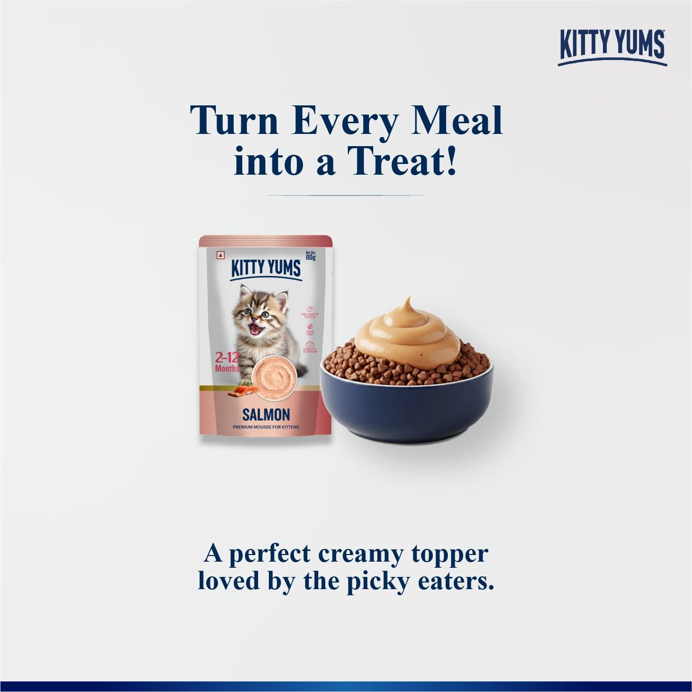 Kitty Yums Kitten Wet Mousse 80g | Salmon | Rich in Protein | Promotes Hydration & Easy to Digest | Grain Free | No Artificial Flavours | Packed with Essential Vitamins & Antioxidants
