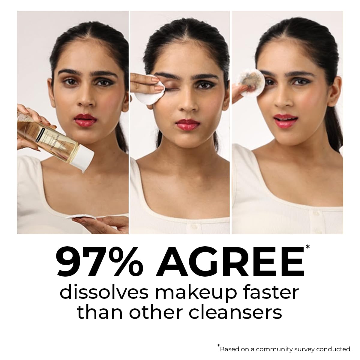 Woman applying makeup remover to her face with text indicating it dissolves makeup faster than other cleansers.