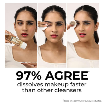 Woman applying makeup remover to her face with text indicating it dissolves makeup faster than other cleansers.