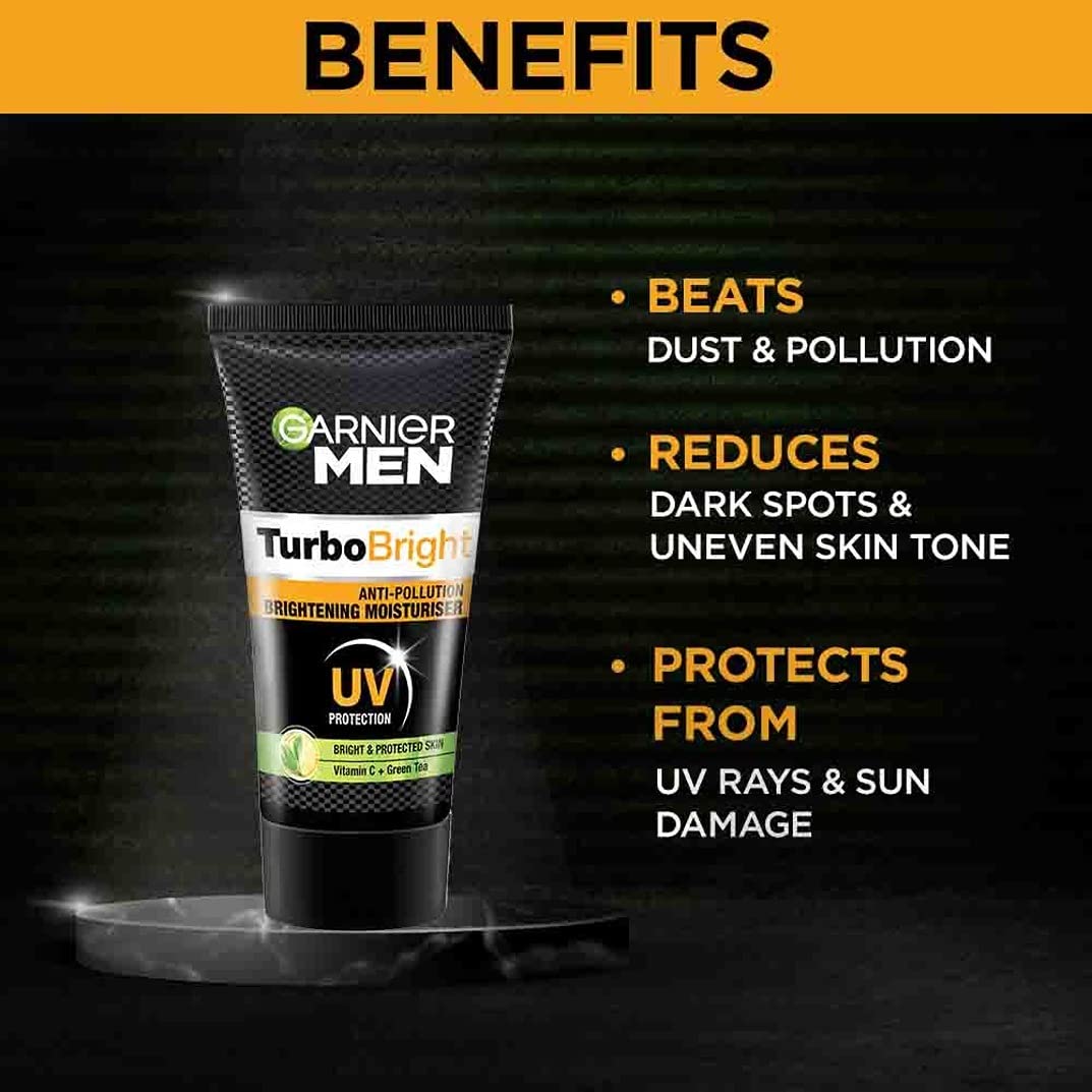 Garnier Men Turbo Bright skincare product with benefits listed on a dark background