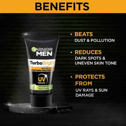 Garnier Men Turbo Bright skincare product with benefits listed on a dark background