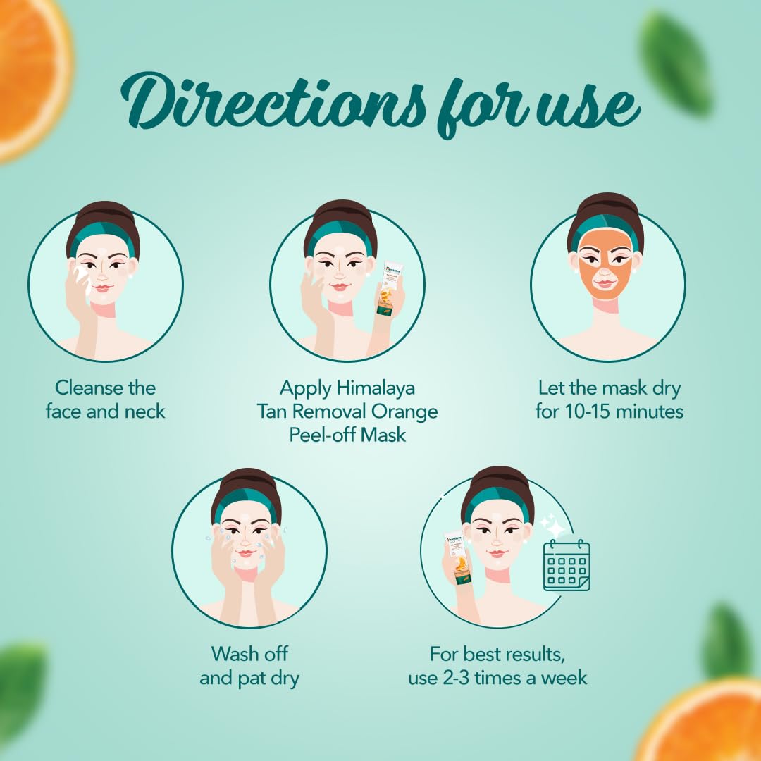 Instructions for using a Himalaya Tan Removal Orange Peel-off Mask on a light green background with orange slices and leaves.