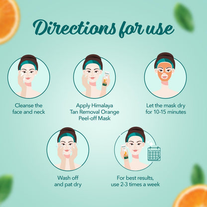 Instructions for using a Himalaya Tan Removal Orange Peel-off Mask on a light green background with orange slices and leaves.