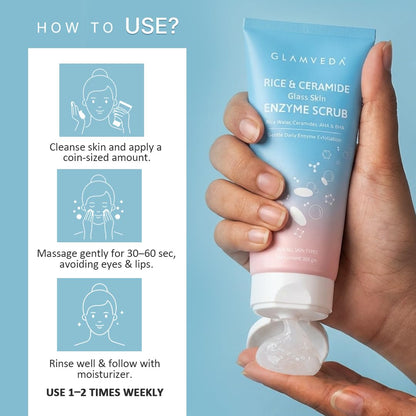 Glamveda Korean Rice & Ceramide Enzyme Scrub for Face | Gentle Daily Exfoliator with Rice Water, Lactic & Glycolic Acid, Niacinamide | Removes Dead Skin, Smoothens Texture & Boosts Glow | Face Scrub For Glowing Skin |100 gm
