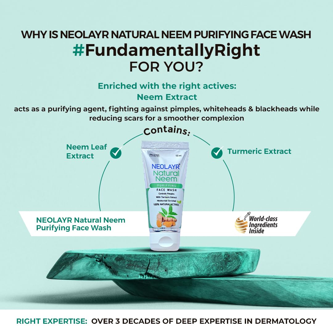 NEOLAYR Natural Neem Purifying Face Wash | With Neem & Turmeric Extracts | Prevents Pimples | Helps in Reducing Scars | Ideal for Acne Prone & Sensitive Skin - Added Moisturiser,50 ml