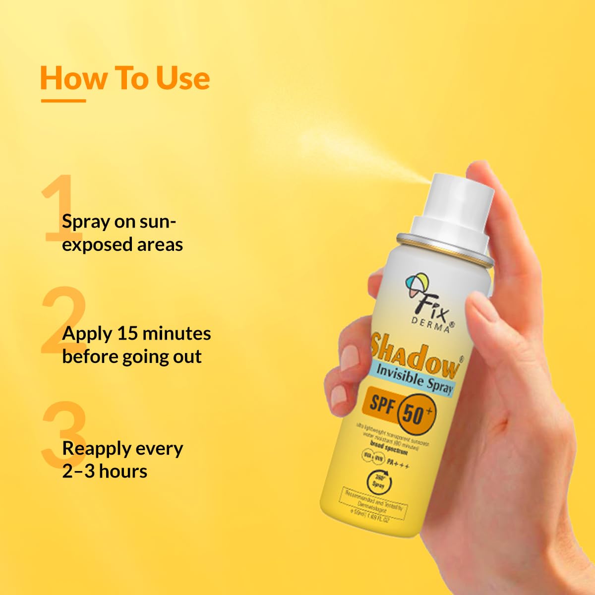 Fixderma Shadow SPF 50+ PA+++ Invisible Spray | Ultra Lightweight Transparent Sunscreen | Water Resistant Broad Spectrum UVA&UVB Sunscreen water resistant, spray for body 50ml (Pack of 1)