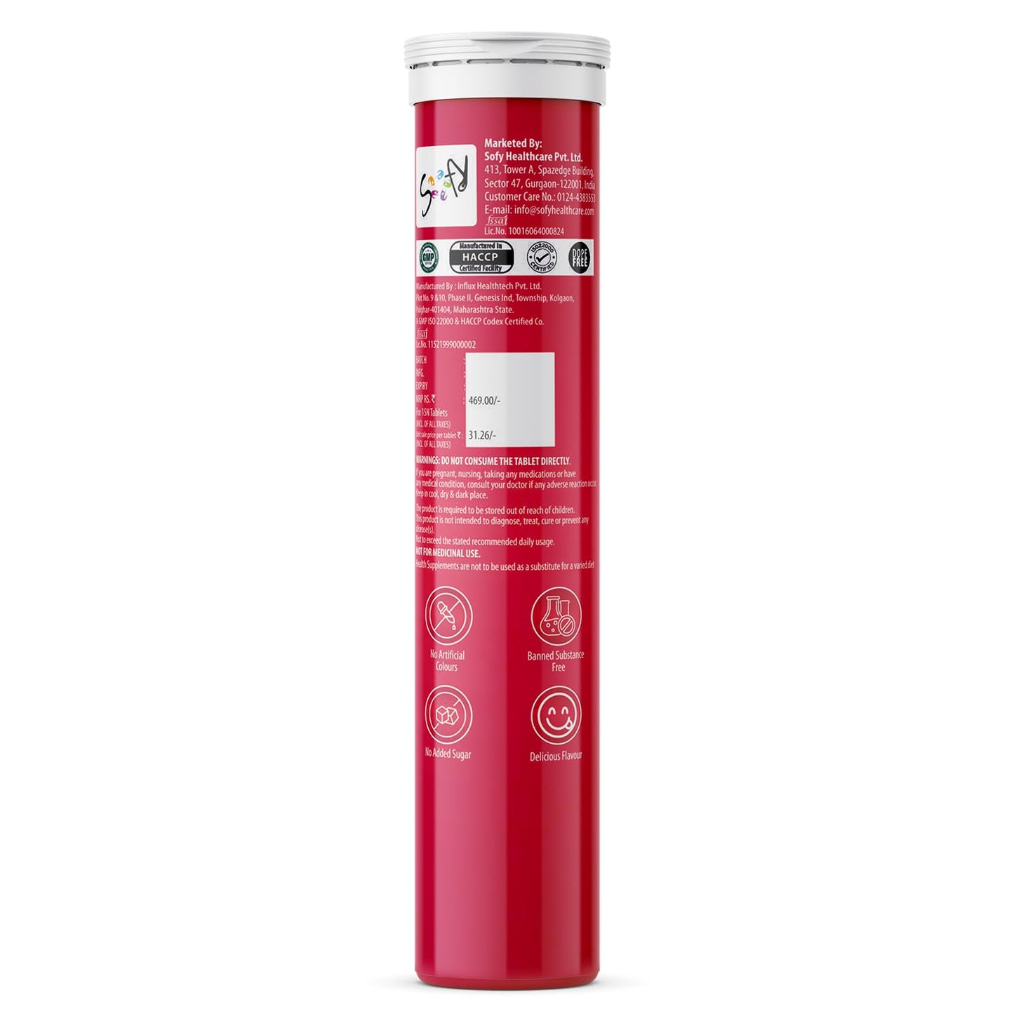 Red cylindrical container with white label on a white background