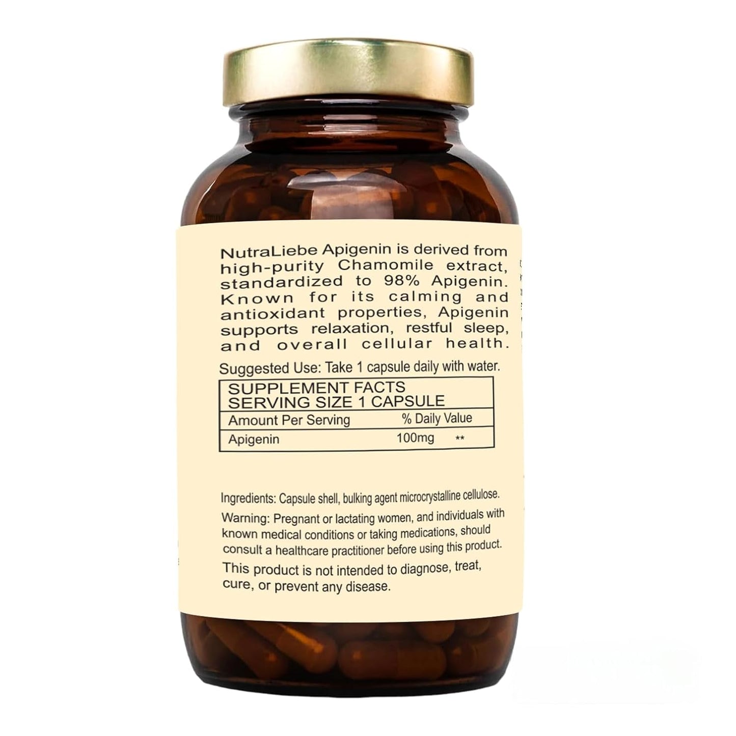 Nutraliebe Apigenin 100 mg – Chamomile Extract Supplement – Natural Sleep & Anxiety Support – Non-GMO, Vegan – 90 Veg Capsules