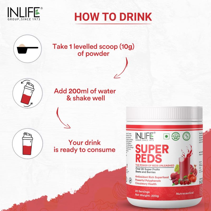 INLIFE Super Reds Powder | Antioxidant-Rich Superfood Supplement Drink Mix | 20 Super Fruits, Beets & Berries | Energize with Powerful Antioxidants Supports Energy 200g (Super Reds)