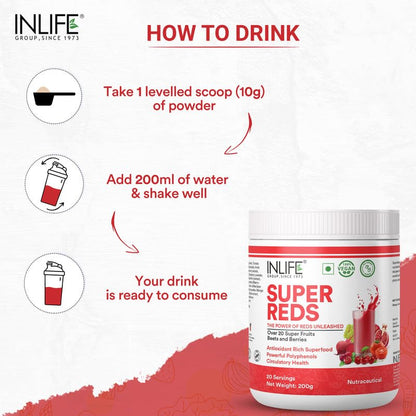 INLIFE Super Reds Powder | Antioxidant-Rich Superfood Supplement Drink Mix | 20 Super Fruits, Beets & Berries | Energize with Powerful Antioxidants Supports Energy 200g (Super Reds)