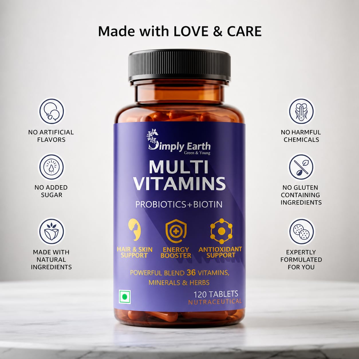 Simply Earth Multivitamin For Men & Women (120 Tablets) With 7 Vital Blends and 36 Nutrients - Probiotics Vitamin C, Zinc & Biotin