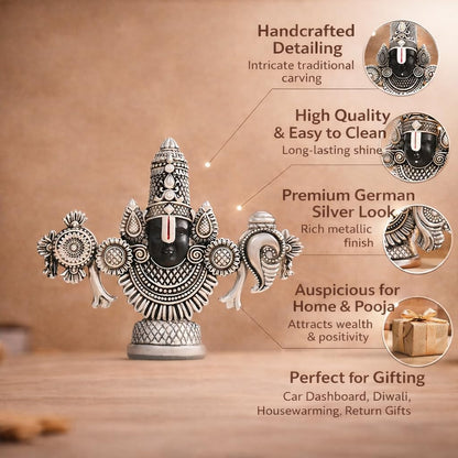 999 Silver Plated Tirupati Balaji Idol Face, Venkateshwara Swamy Idol for Car Dashboard, House Warming Gifts, Home Pooja Temple, Home Decor Items, Wedding Birthday
