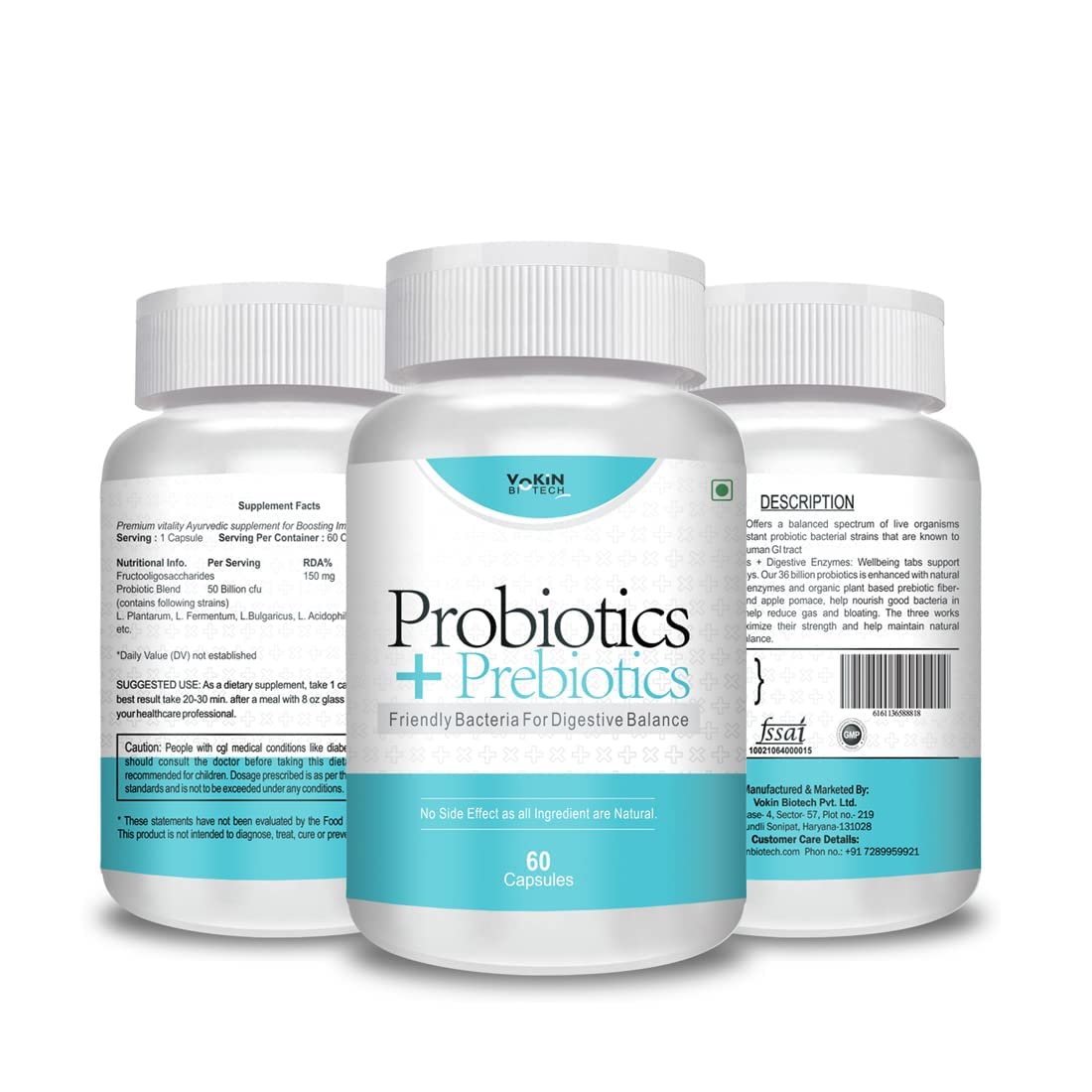 Three bottles of probiotics and prebiotics on a white background