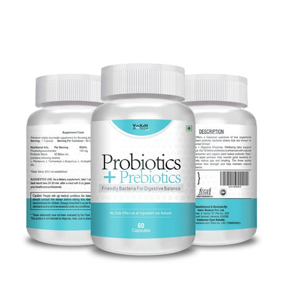 Three bottles of probiotics and prebiotics on a white background