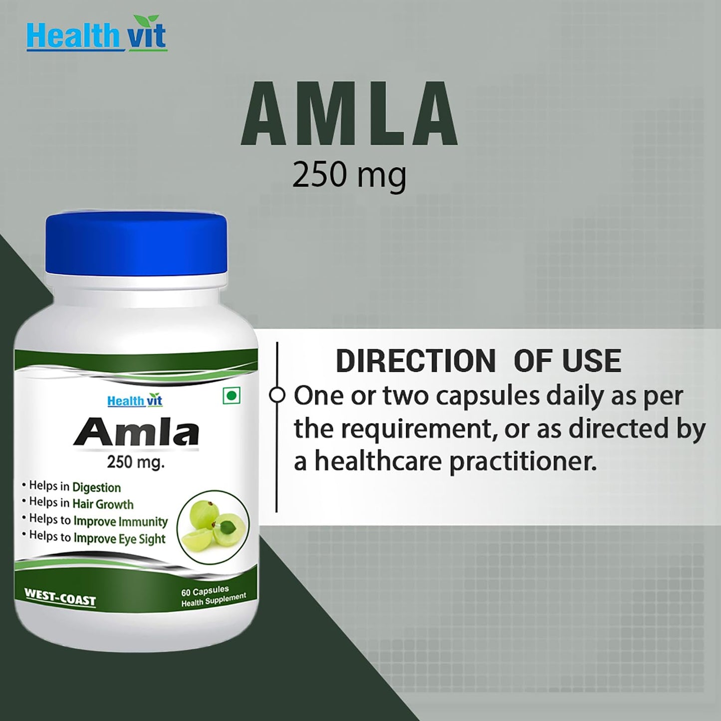 Healthvit Amla 250 mg supplement bottle with label on a gray background