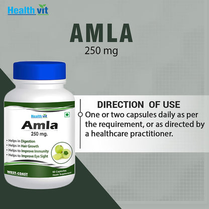 Healthvit Amla 250 mg supplement bottle with label on a gray background