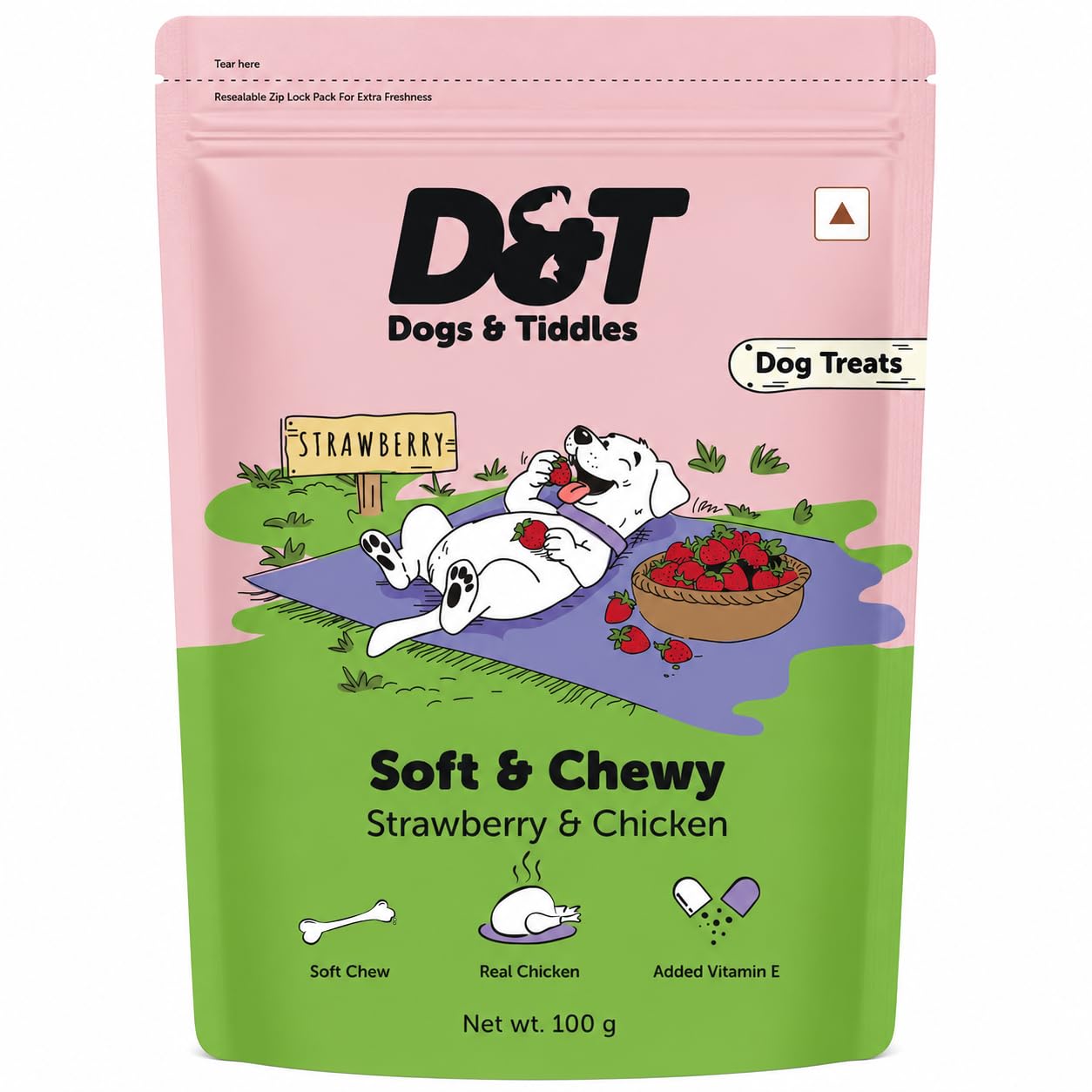 Dogs & Tiddles Strawberry & Real Chicken Dog Treats for Puppies & Adult Dogs, 100g | Soft & Chewy Puppy Treats | with Vitamin E & Antioxidants|Tasty Training Treats and Dog Snacks