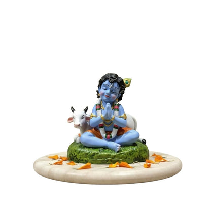 Handcrafted Laddu Gopal Krishna Idol with Cow – Polyresin Bal Krishna Murti for Home Temple, Pooja Room, Car Dashboard, Office Desk, Janmashtami, Housewarming & Spiritual Gift, 8 cm