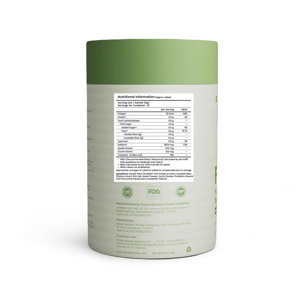 Supply6 Fibre+ Daily Fiber Supplement Powder, Soluble & Dietary Fiber, Isabgol Replacer for Digestive Support, Gut Health & Debloat, No Added Sugar, Non-GMO Sachets (Zesty Lime, 15 Servings)