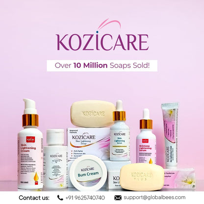 Kozicare skincare products on a pink background with the brand name displayed.