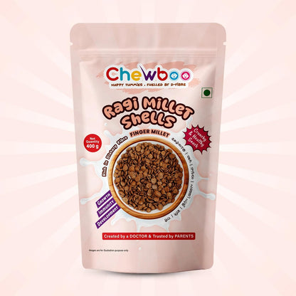 Chewboo Ragi Millet Shells | High Fibre, Iron & Calcium Kids Cereal | 72% Ragi | Jaggery Sweetened | No Refined Sugar | Healthy Breakfast & Snack | 400g