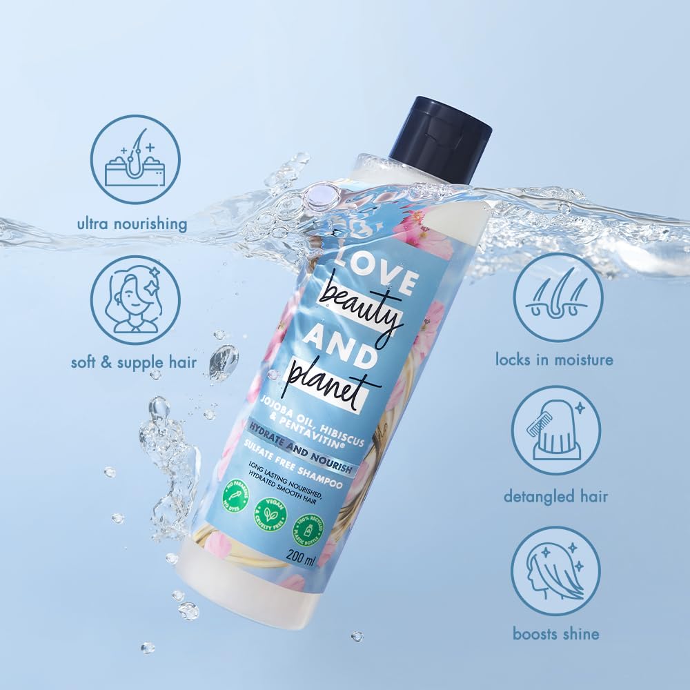 Love Beauty and Planet shampoo bottle with product features on a blue background