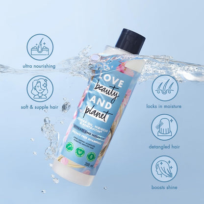 Love Beauty and Planet shampoo bottle with product features on a blue background