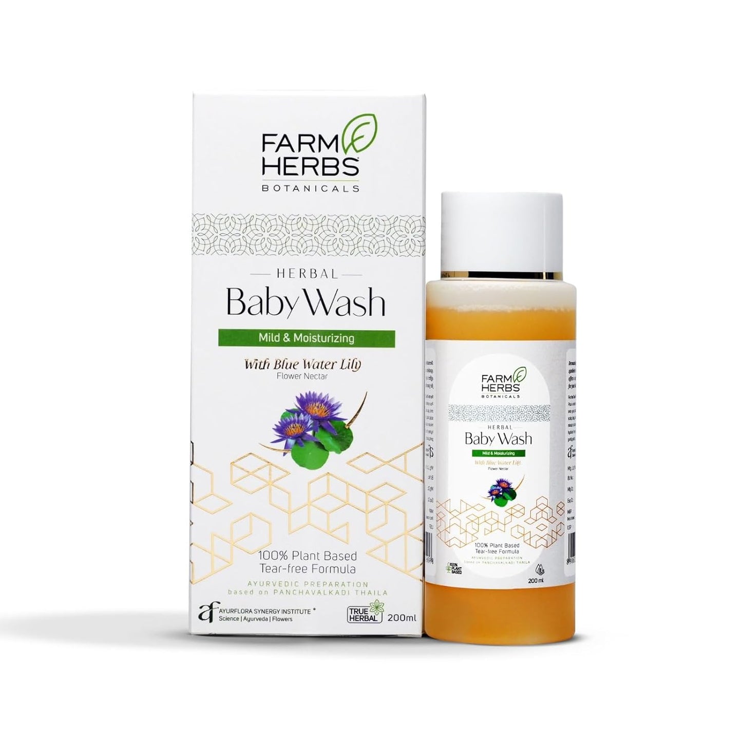 Farmherbs 100% Herbal Plant-Based Gentle Baby Wash for Newborns & Babies, Tear-Free Mild & Moisturizing Formula, pH 5.5 Balanced, Based on Panchavalkadi Thaila, with Blue Water Lily, Botanical Hyaluronic Acid & Natural Vitamin E - 200 ml