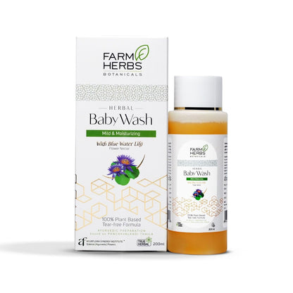 Farmherbs 100% Herbal Plant-Based Gentle Baby Wash for Newborns & Babies, Tear-Free Mild & Moisturizing Formula, pH 5.5 Balanced, Based on Panchavalkadi Thaila, with Blue Water Lily, Botanical Hyaluronic Acid & Natural Vitamin E - 200 ml
