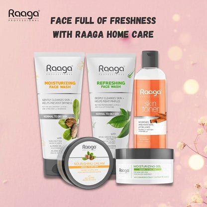 Raaga Home Care skincare products on a pink background with decorative elements.