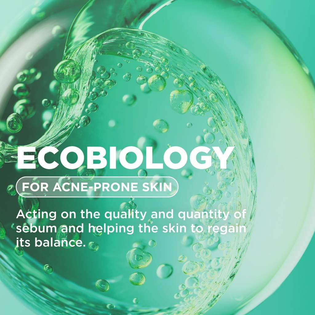Green liquid with bubbles and 'ECOBIOLOGY' branding on a teal background