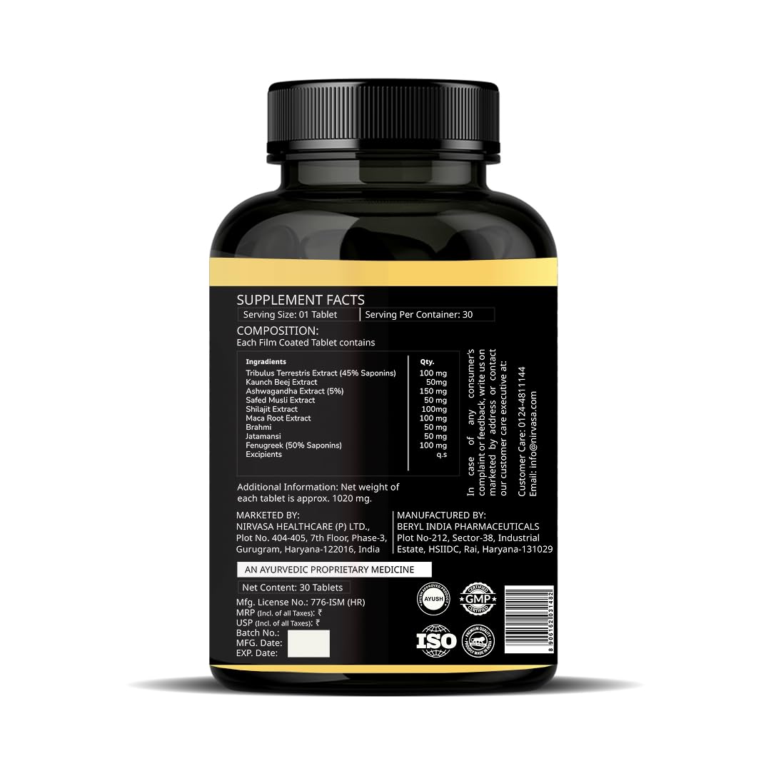 Nirvasa Xtra Josh Gold Tablets (30 Tabs) | Boosts Strength, Stamina, Energy & Performance | Enhances Vitality & Endurance | with Tribulus, Safed Musli, Shilajit, Maca Root & Swarna Bhasma