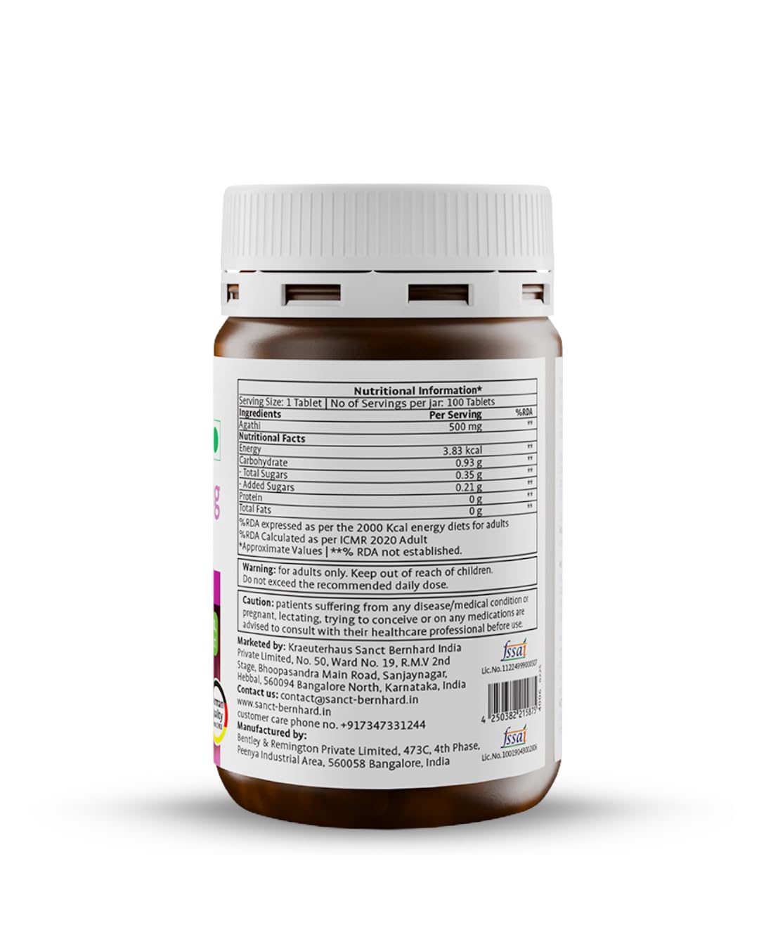 Nutritional label on a supplement bottle with a white background