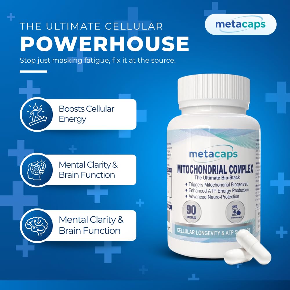 MetaCaps Mitochondrial Energy Complex – 90 Veg Capsules | Advanced Cellular Power & Longevity Stack | PQQ, CoQ10 & ALA | Supports New Mitochondria Growth, Focus & Vitality | Non-GMO & Vegan