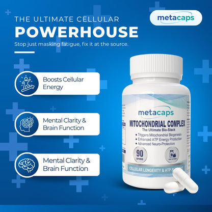 MetaCaps Mitochondrial Energy Complex – 90 Veg Capsules | Advanced Cellular Power & Longevity Stack | PQQ, CoQ10 & ALA | Supports New Mitochondria Growth, Focus & Vitality | Non-GMO & Vegan