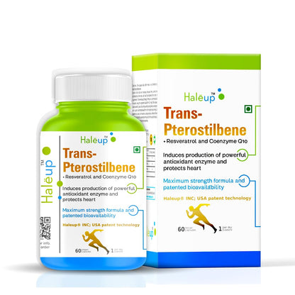 Haleup 99% Pure Trans-Pterostilbene with Resveratrol | Potent Antioxidant | High Bioavailability | Promotes Healthy Ageing | Skin Health (1 pack X 60s count)