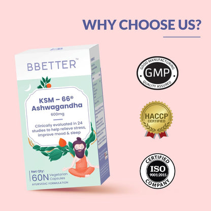 BBETTER Ashwagandha KSM 66 Capsules 600mg | Lab Tested | Lab Report Attached | Ashvagandha Tablet For Stress, Sleep Management & Anxiety Relief | Rejuvenates Mind & Body | 60 Veg aswagandha Capsules