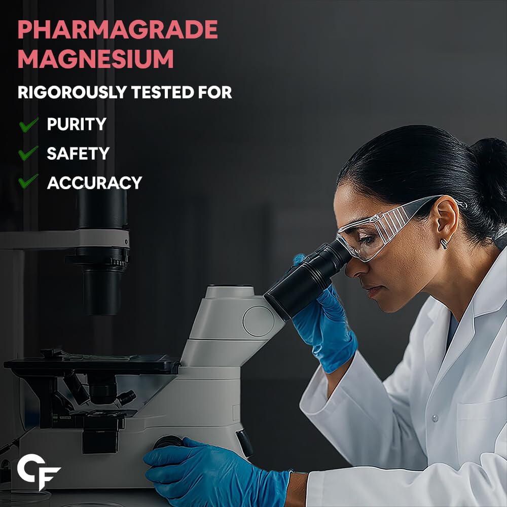 Person in a lab coat using a microscope with text about pharmagrade magnesium purity, safety, and accuracy.