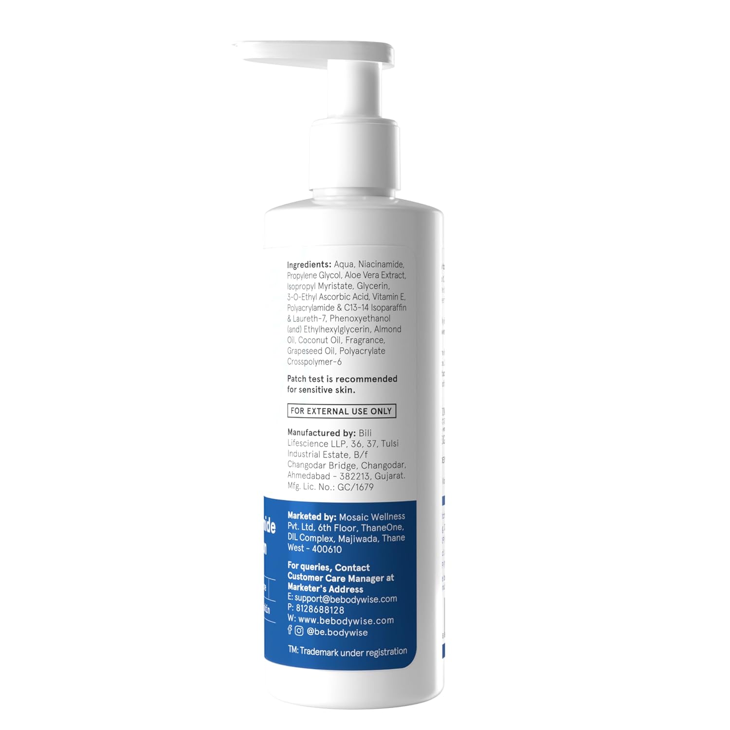 White bottle with blue label on a white background