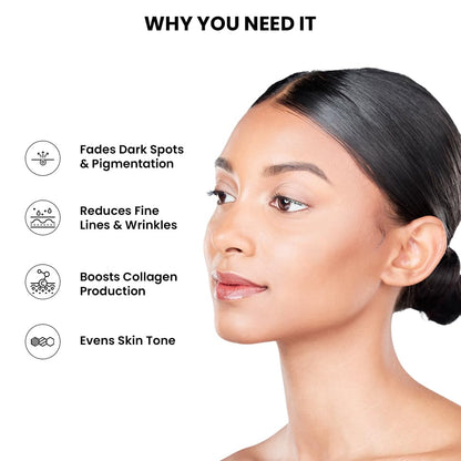 Woman's face with text highlighting skin care benefits on a white background