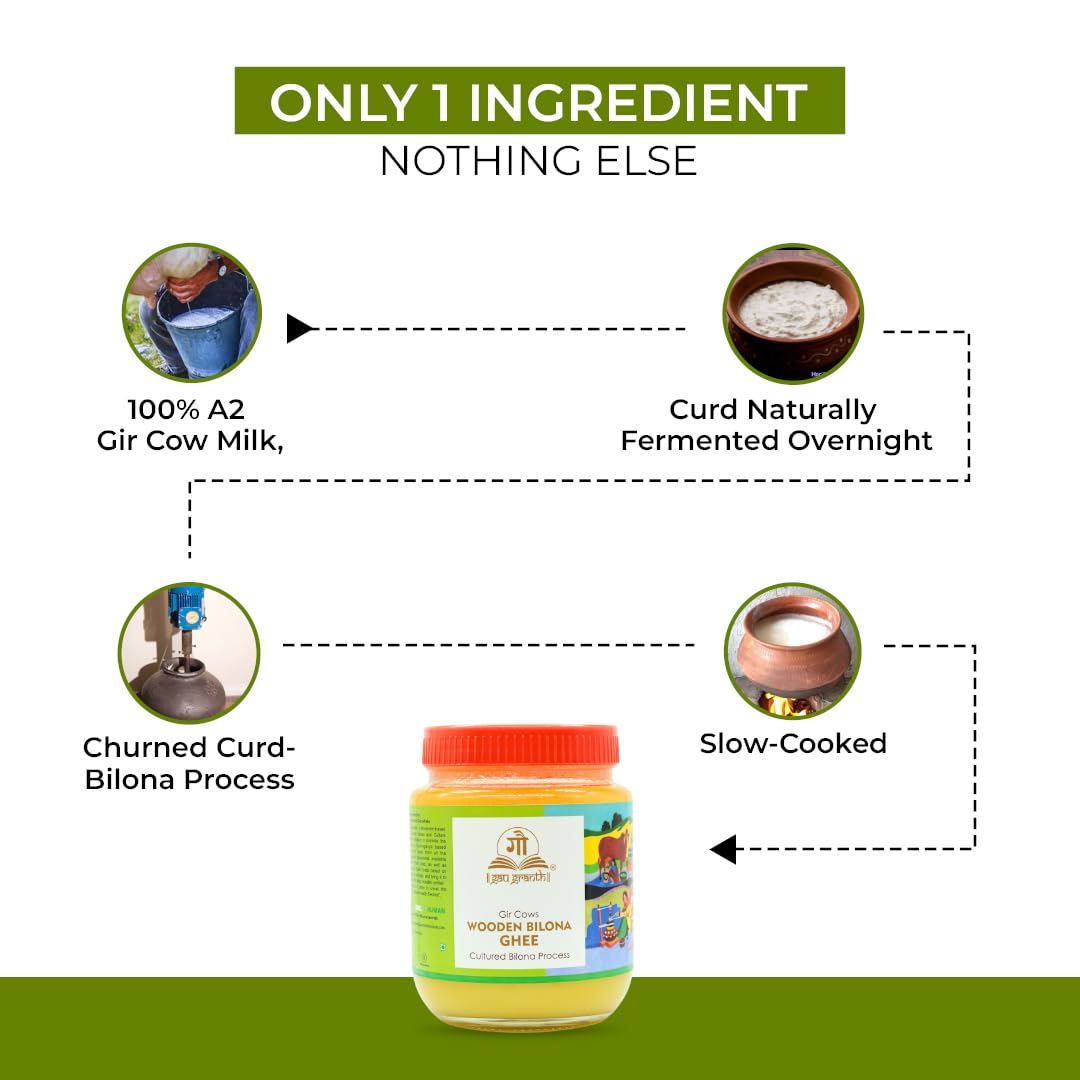 cow ved GauGranth A2 Gir Cow Ghee – 1 Ltr | Traditional Wooden Bilona Desi Ghee | Hand-Churned from Grassfed A2 Gir Cow Milk | 100% Pure, Natural & Healthy | Vedic Method | Glass Jar Packaging