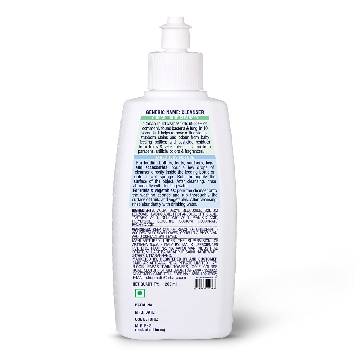 Chicco Liquid Cleanser 200ml I 100% Food Grade & Natural Ingredients I Kills 99.99% germs I Effective cleaning of baby Bottles, Nipples, Accessories and Toys I Baby safe & Dermatologically Tested