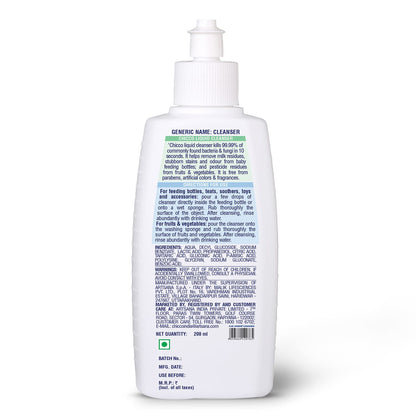 Chicco Liquid Cleanser 200ml I 100% Food Grade & Natural Ingredients I Kills 99.99% germs I Effective cleaning of baby Bottles, Nipples, Accessories and Toys I Baby safe & Dermatologically Tested