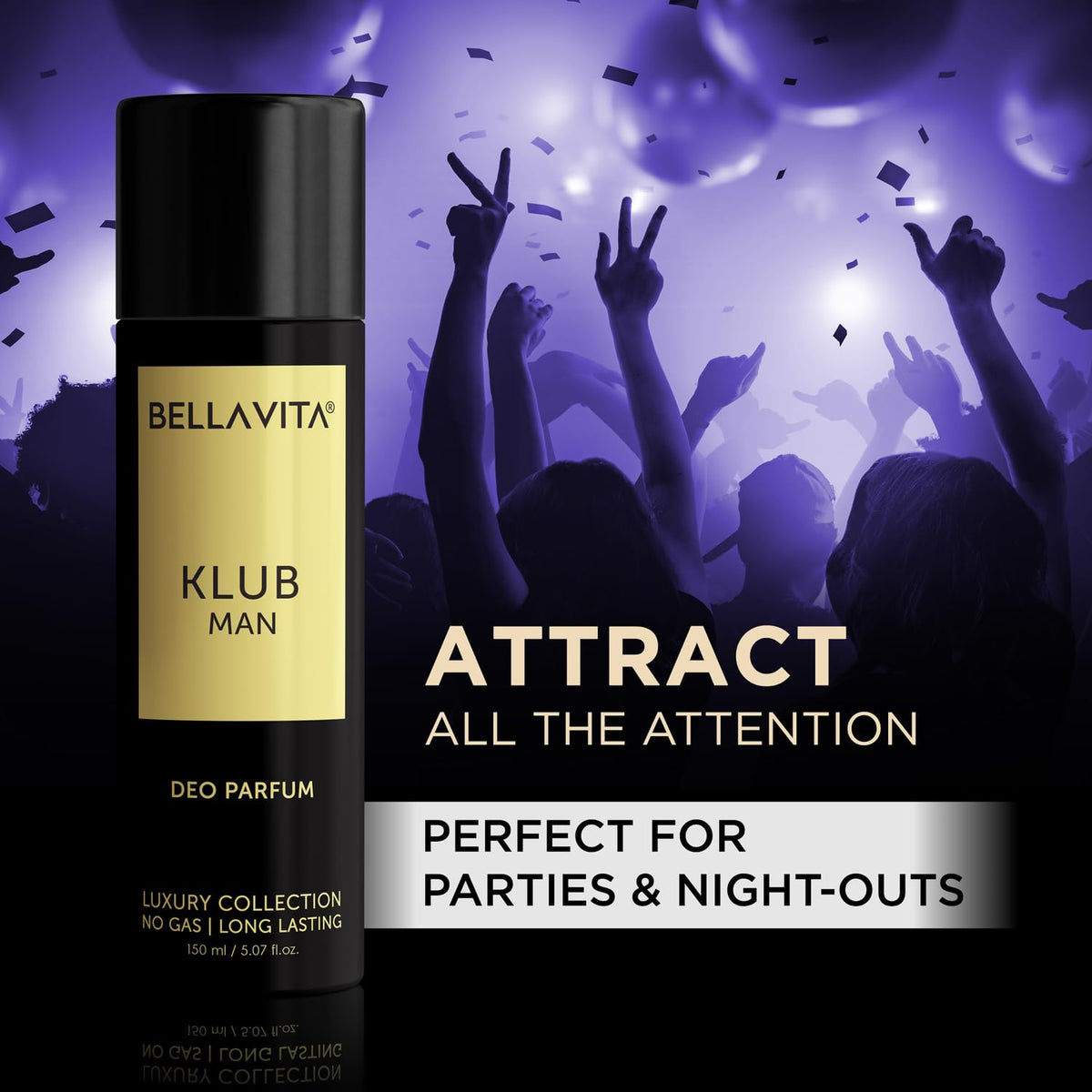 Bellavita Klub Man deo parfum bottle with a party background